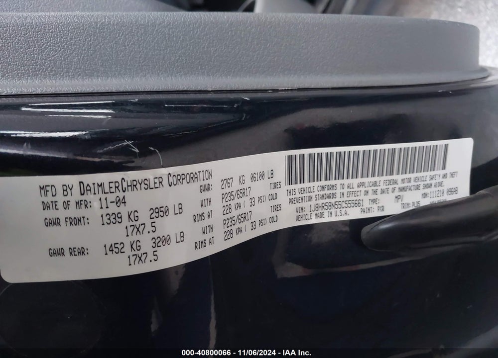 2005 JEEP GRAND CHEROKEE LIMITED VIN: 1J8HR58N55C555661