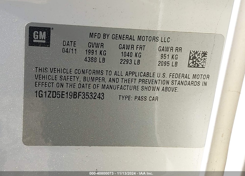 2011 CHEVROLET MALIBU 2LT VIN: 1G1ZD5E19BF353243