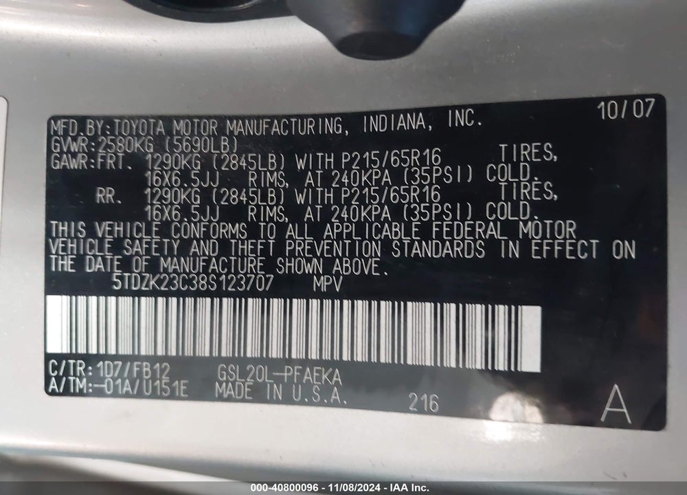 2008 TOYOTA SIENNA CE VIN: 5TDZK23C38S123707