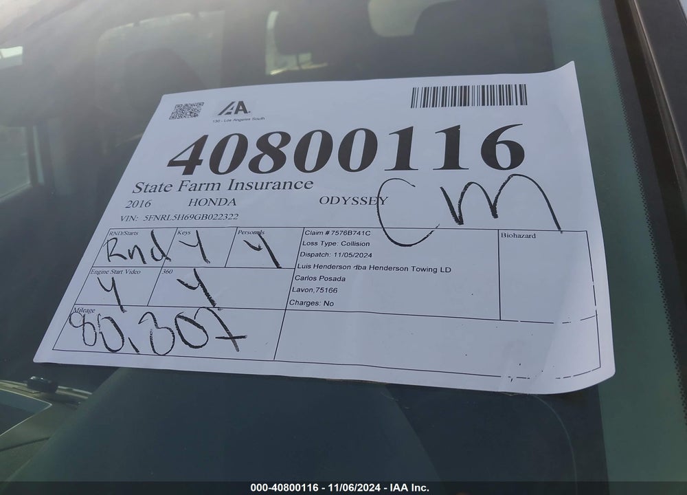 2016 HONDA ODYSSEY EX-L VIN: 5FNRL5H69GB022322