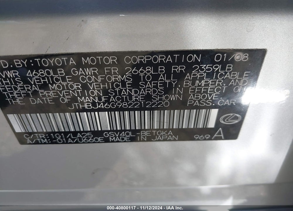 2008 LEXUS ES 350 VIN: JTHBJ46G982212220