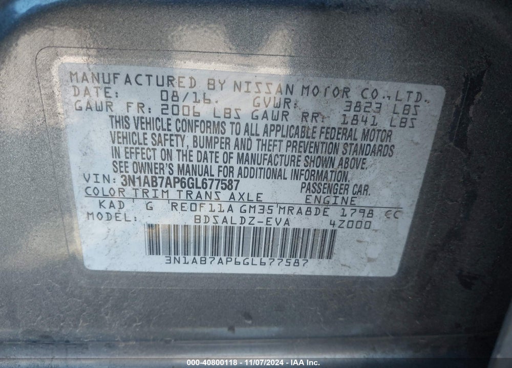 2016 NISSAN SENTRA SV VIN: 3N1AB7AP6GL677587