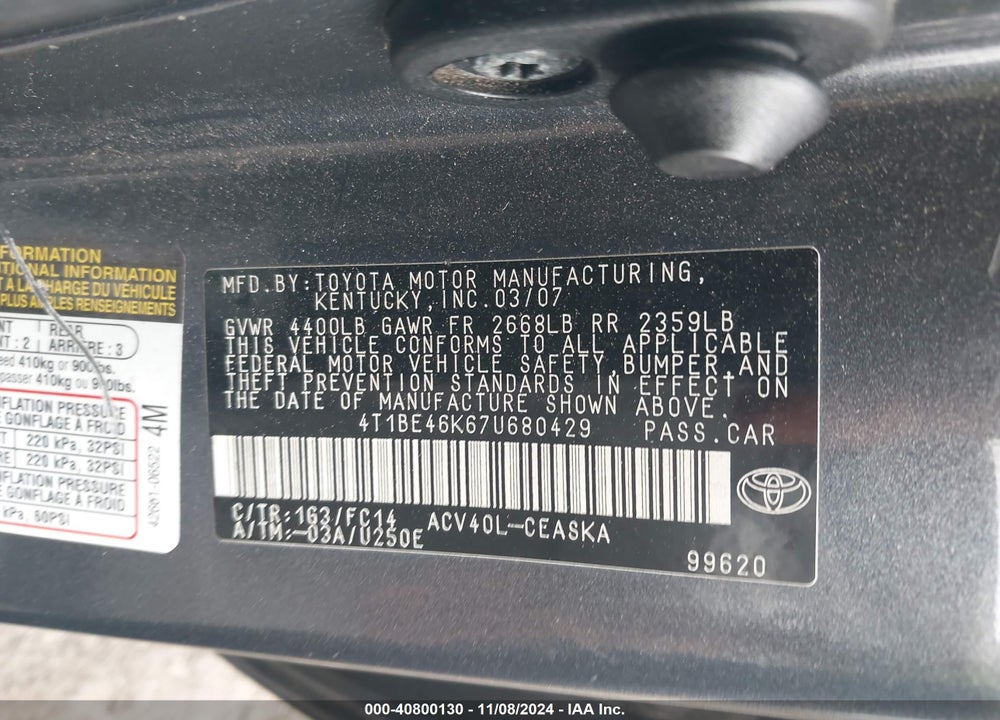 2007 TOYOTA CAMRY SE VIN: 4T1BE46K67U680429