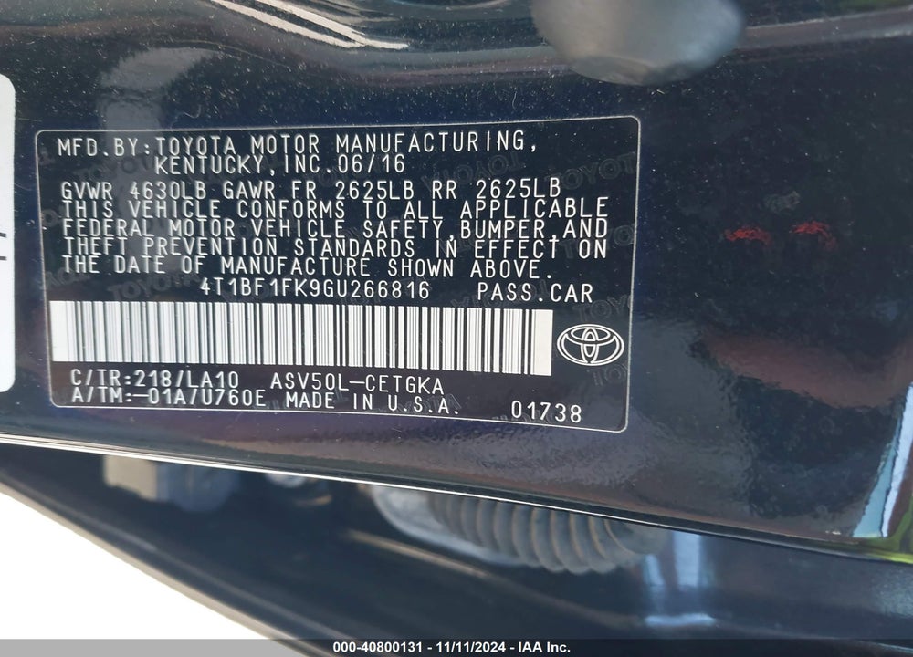 2016 TOYOTA CAMRY XLE VIN: 4T1BF1FK9GU266816