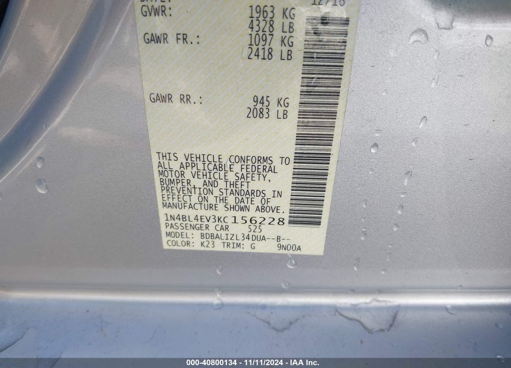 2019 NISSAN ALTIMA 2.5 SL VIN: 1N4BL4EV3KC156228