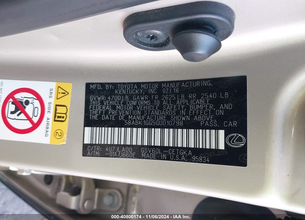 2016 LEXUS ES 350 VIN: 58ABK1GG5GU010798
