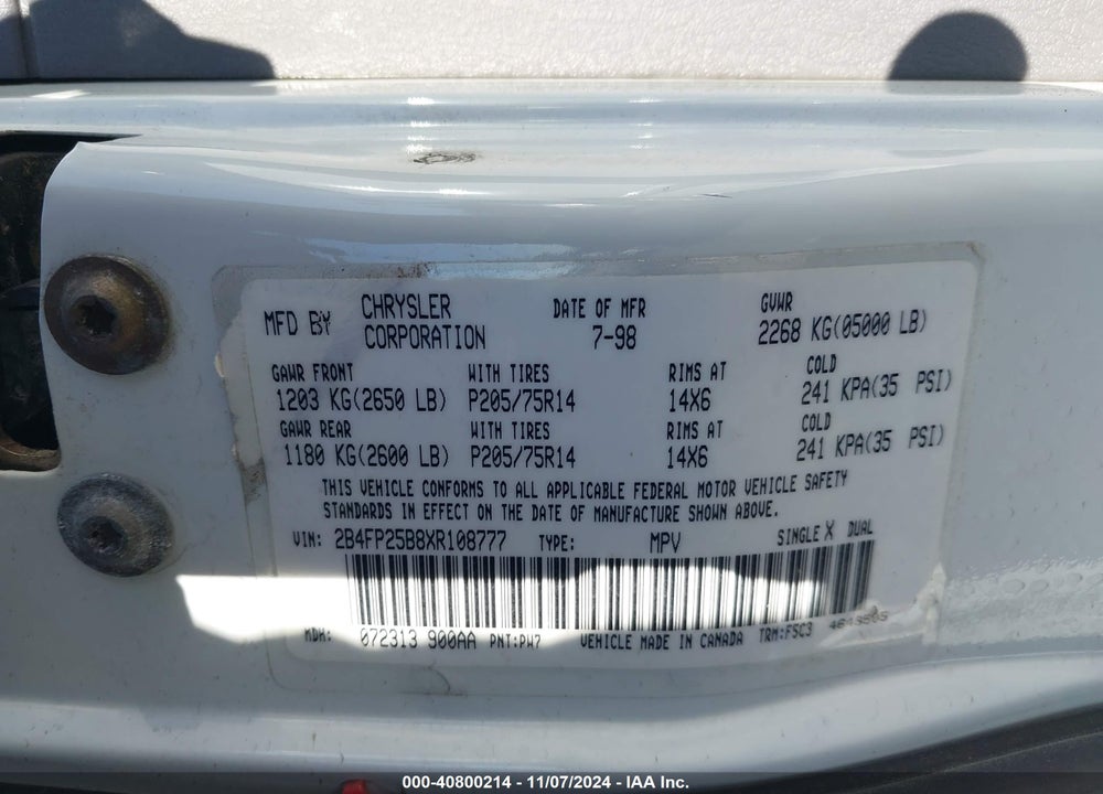 1999 DODGE CARAVAN VIN: 2B4FP25B8XR108777
