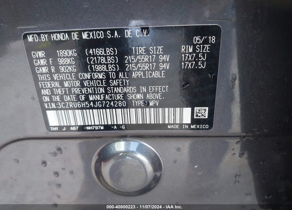 2018 HONDA HR-V EX VIN: 3CZRU6H54JG724280
