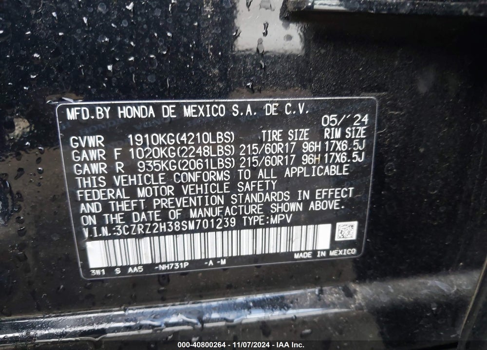 2025 HONDA HR-V AWD LX VIN: 3CZRZ2H38SM701239