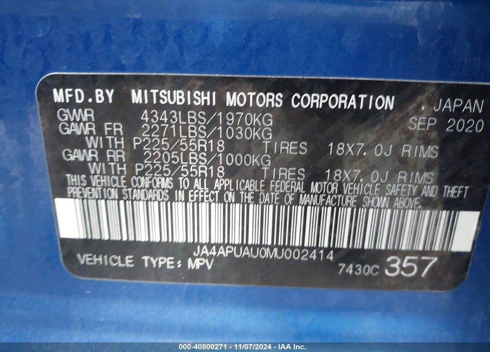 2021 MITSUBISHI OUTLANDER SPORT 2.0 ES 2WD VIN: JA4APUAU0MU002414