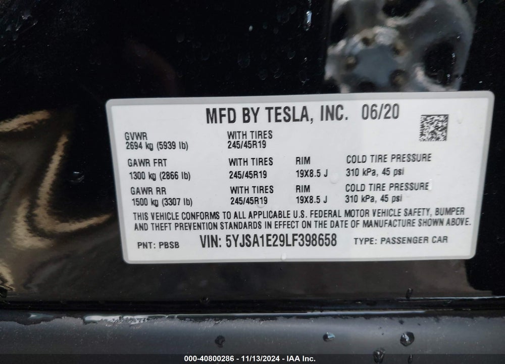 2020 TESLA MODEL S LONG RANGE DUAL MOTOR ALL-WHEEL DRIVE/LONG RANGE PLUS DUAL MOTOR ALL-WHEEL DRIVE VIN: 5YJSA1E29LF398658