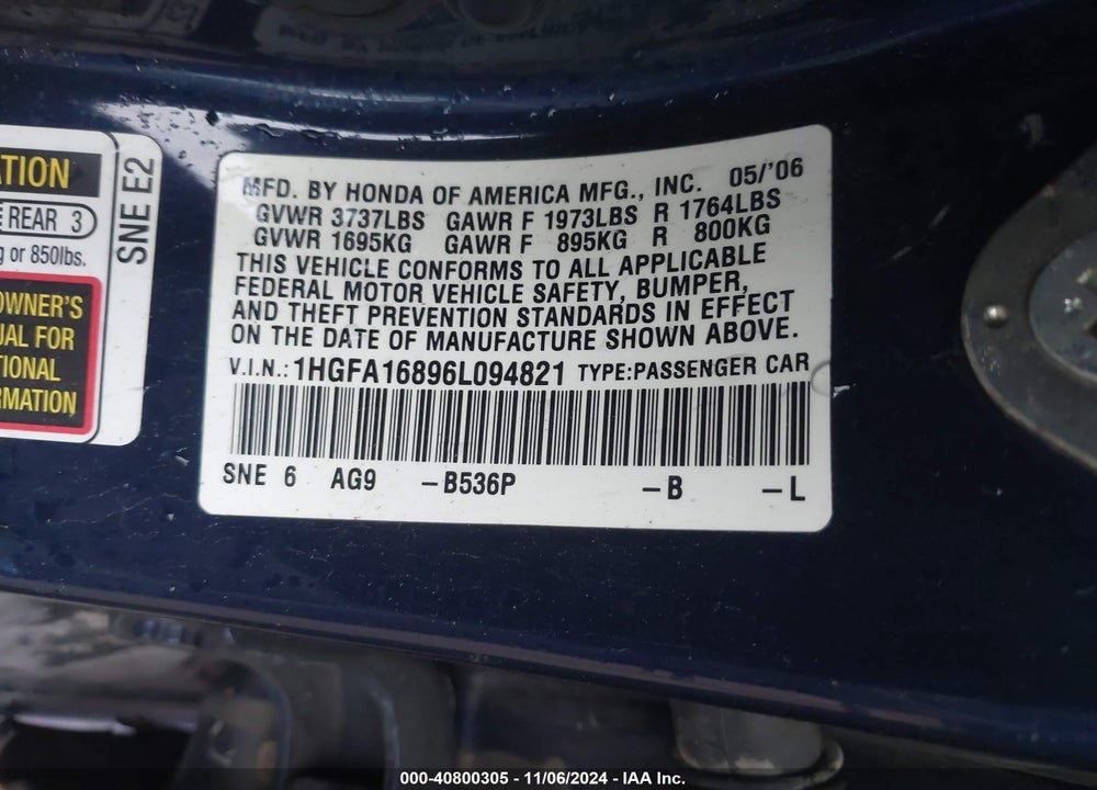 2006 HONDA CIVIC EX VIN: 1HGFA16896L094821