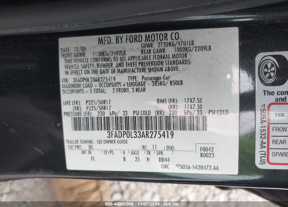 2010 FORD FUSION HYBRID VIN: 3FADP0L33AR275419