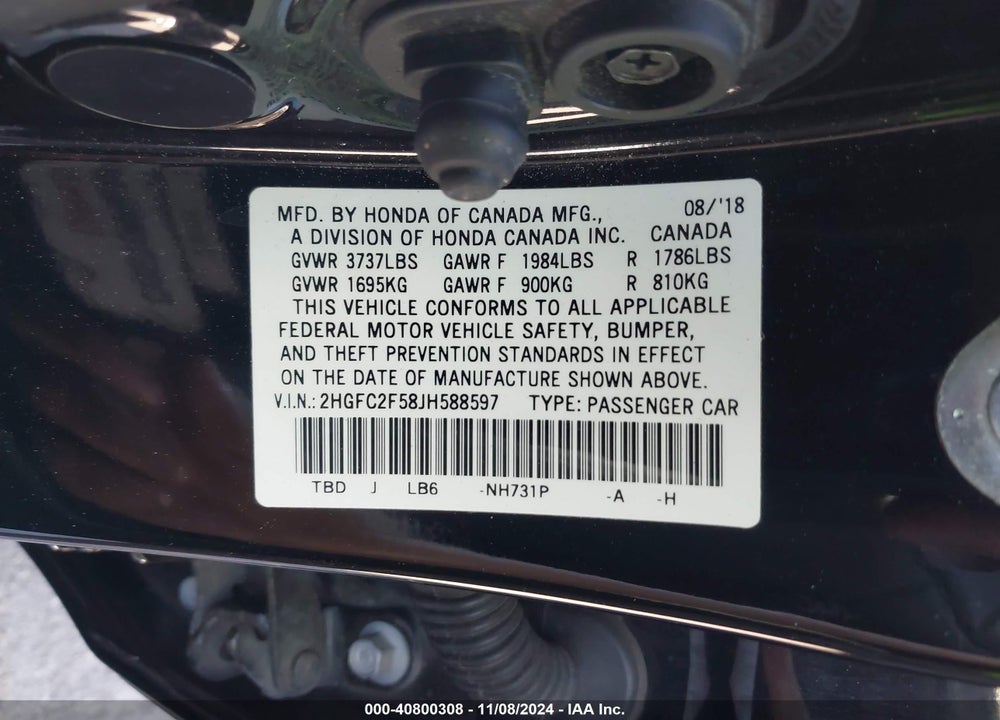 2018 HONDA CIVIC VIN: 2HGFC2F58JH588597