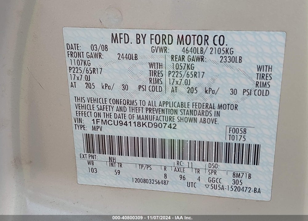 2008 FORD ESCAPE LIMITED VIN: 1FMCU94118KD90742