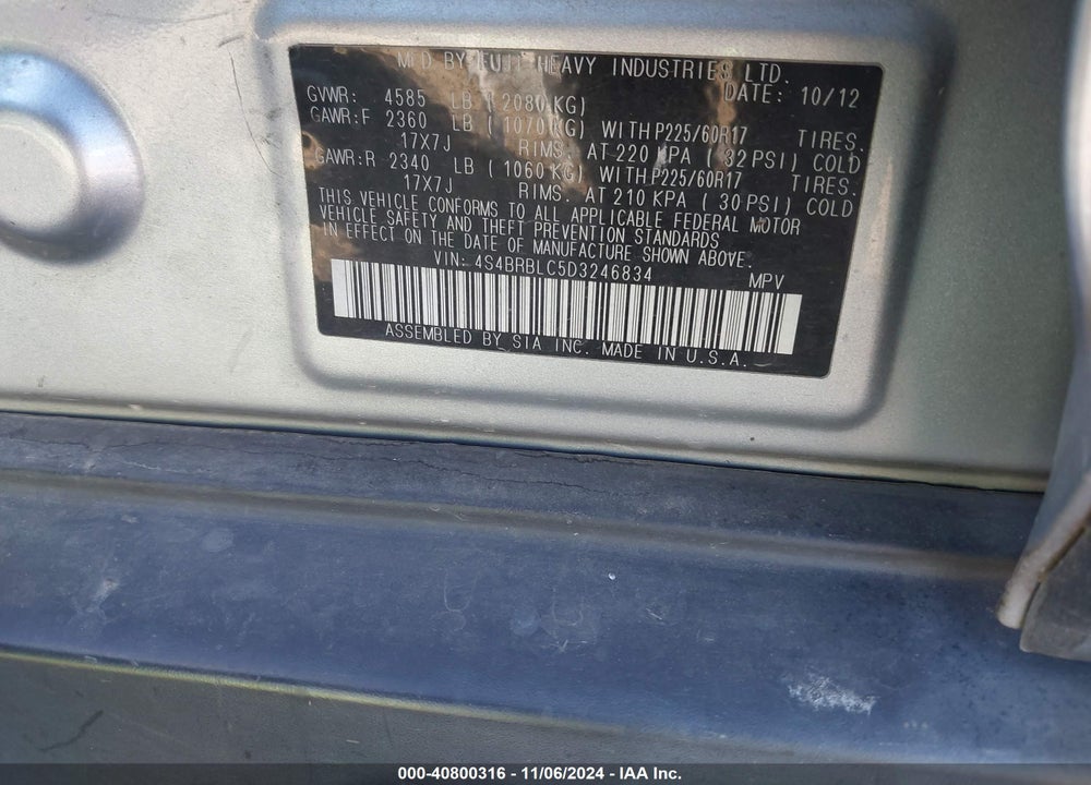2013 SUBARU OUTBACK 2.5I LIMITED VIN: 4S4BRBLC5D3246834