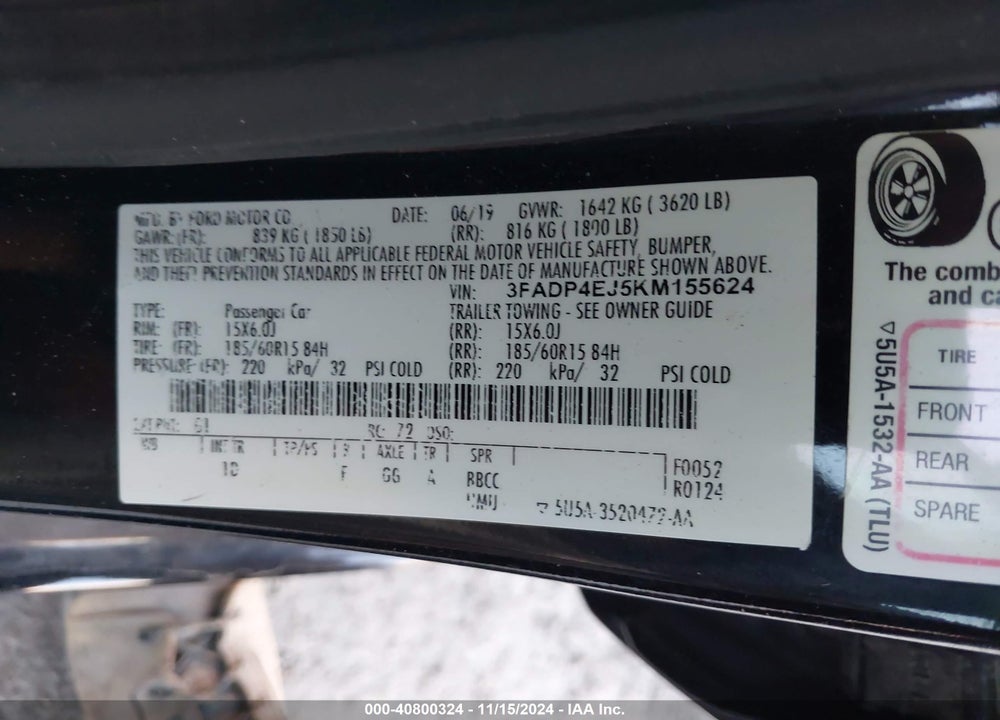 2019 FORD FIESTA SE VIN: 3FADP4EJ5KM155624