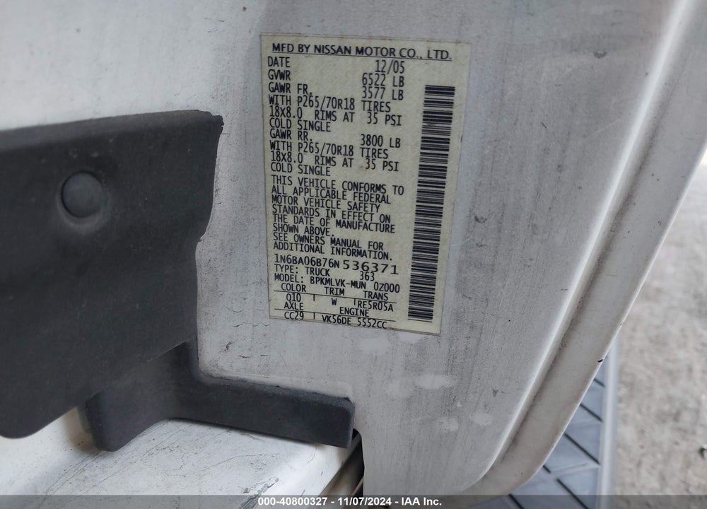 2006 NISSAN TITAN LE VIN: 1N6BA06B76N536371