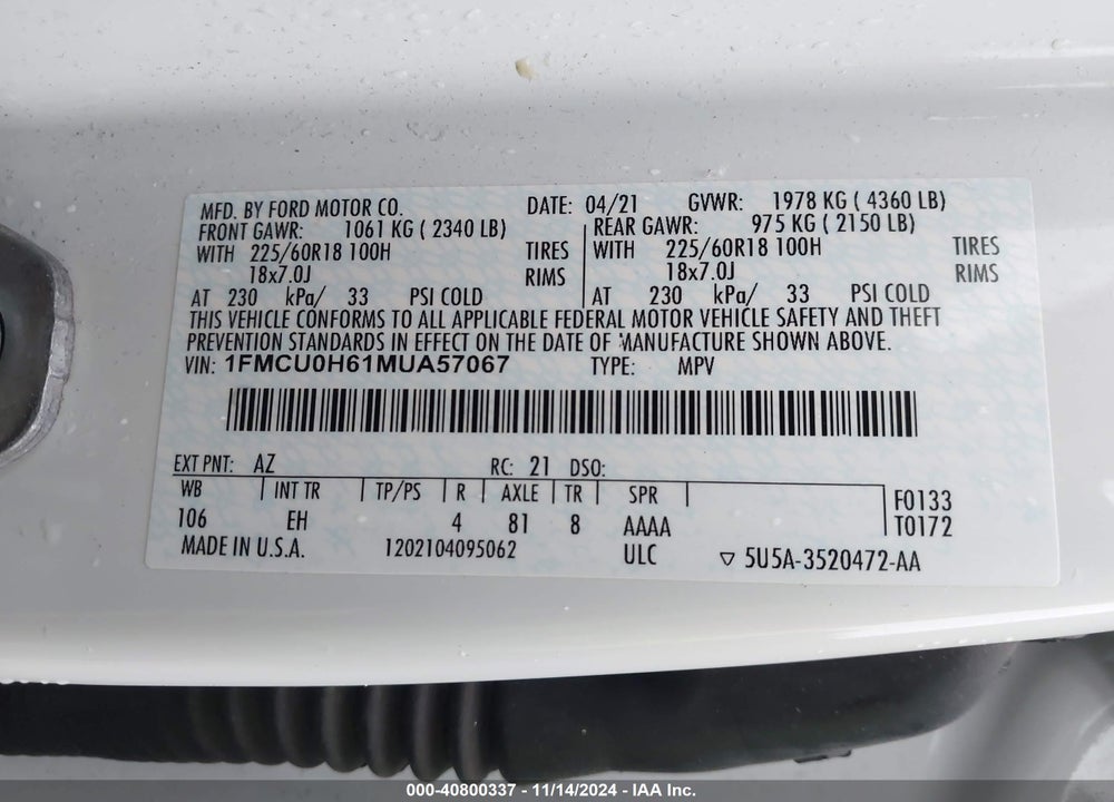 2021 FORD ESCAPE SEL VIN: 1FMCU0H61MUA57067