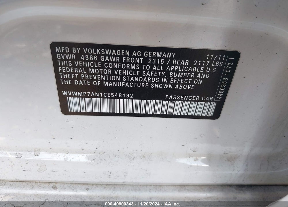 2012 VOLKSWAGEN CC SPORT VIN: WVWMP7AN1CE548192