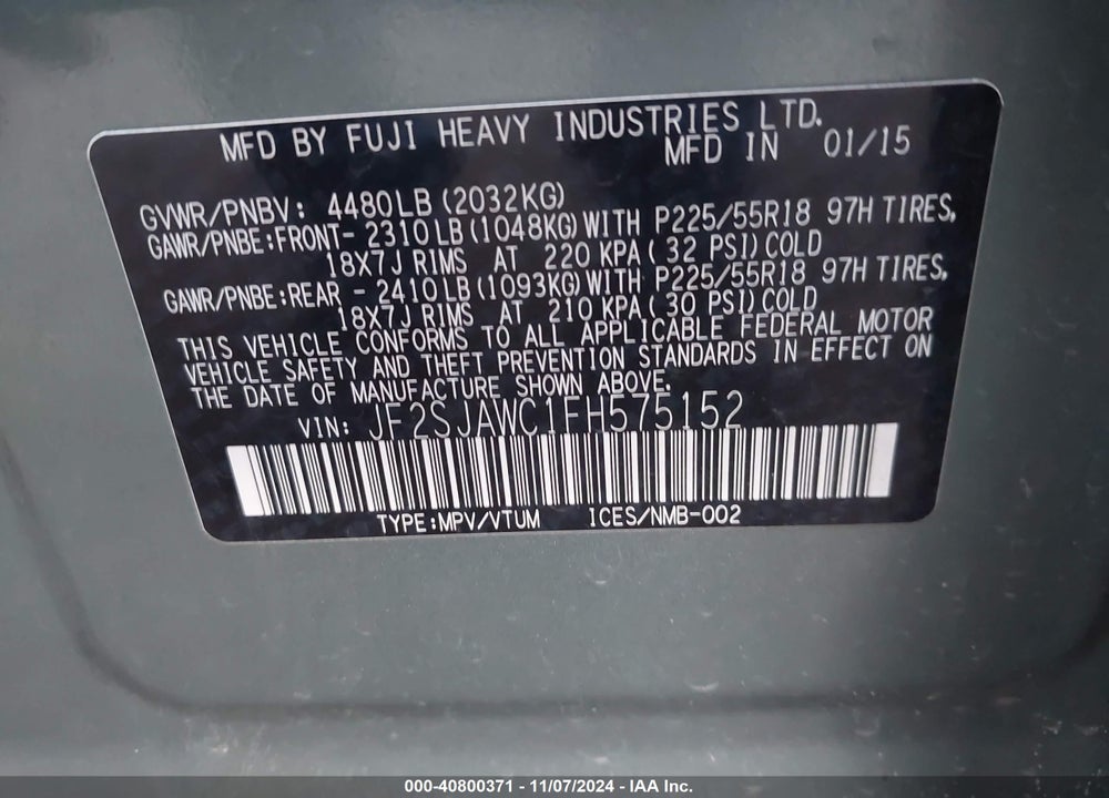 2015 SUBARU FORESTER 2.5I TOURING VIN: JF2SJAWC1FH575152