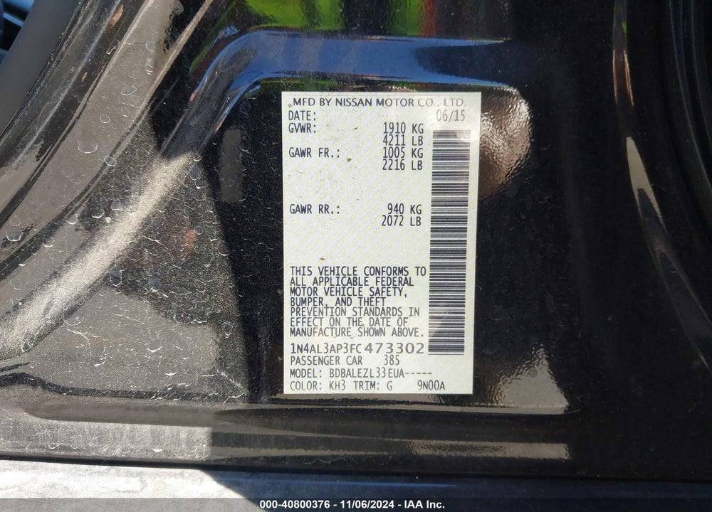 2015 NISSAN ALTIMA 2.5 S VIN: 1N4AL3AP3FC473302