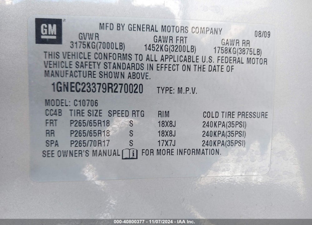 2009 CHEVROLET TAHOE LT1 VIN: 1GNEC23379R270020
