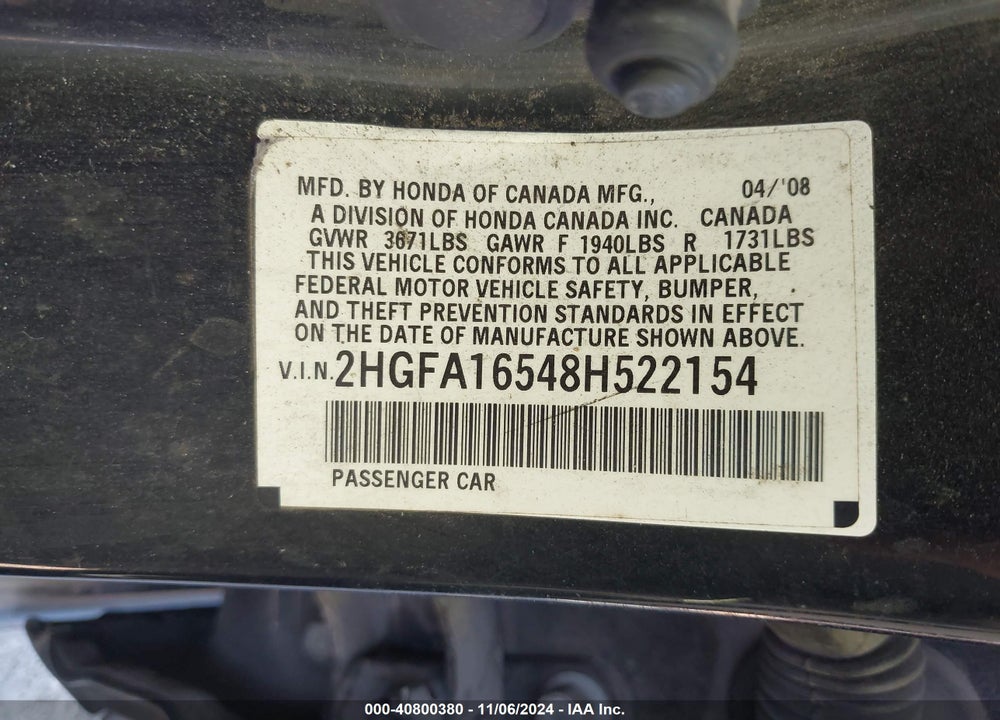 2008 HONDA CIVIC LX VIN: 2HGFA16548H522154