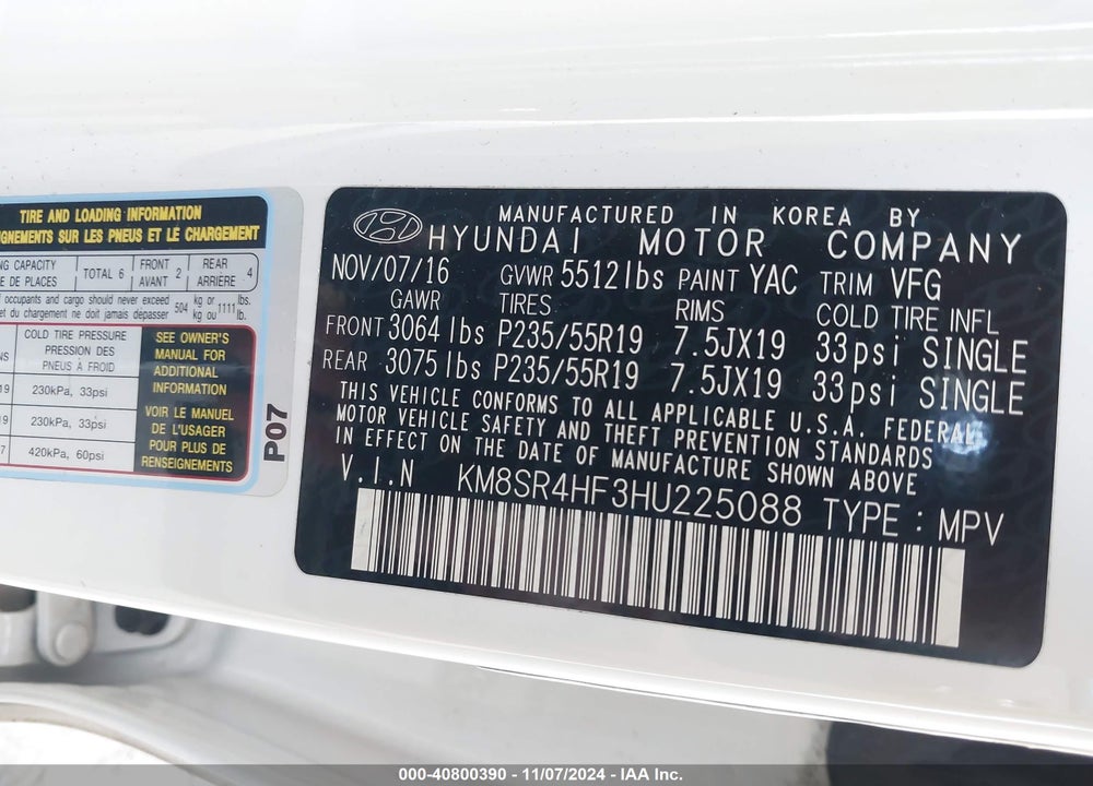 2017 HYUNDAI SANTA FE LIMITED ULTIMATE VIN: KM8SR4HF3HU225088