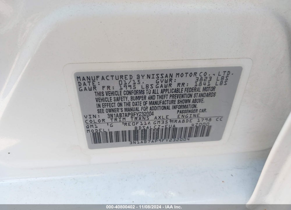 2015 NISSAN SENTRA S VIN: 3N1AB7AP9FY232004