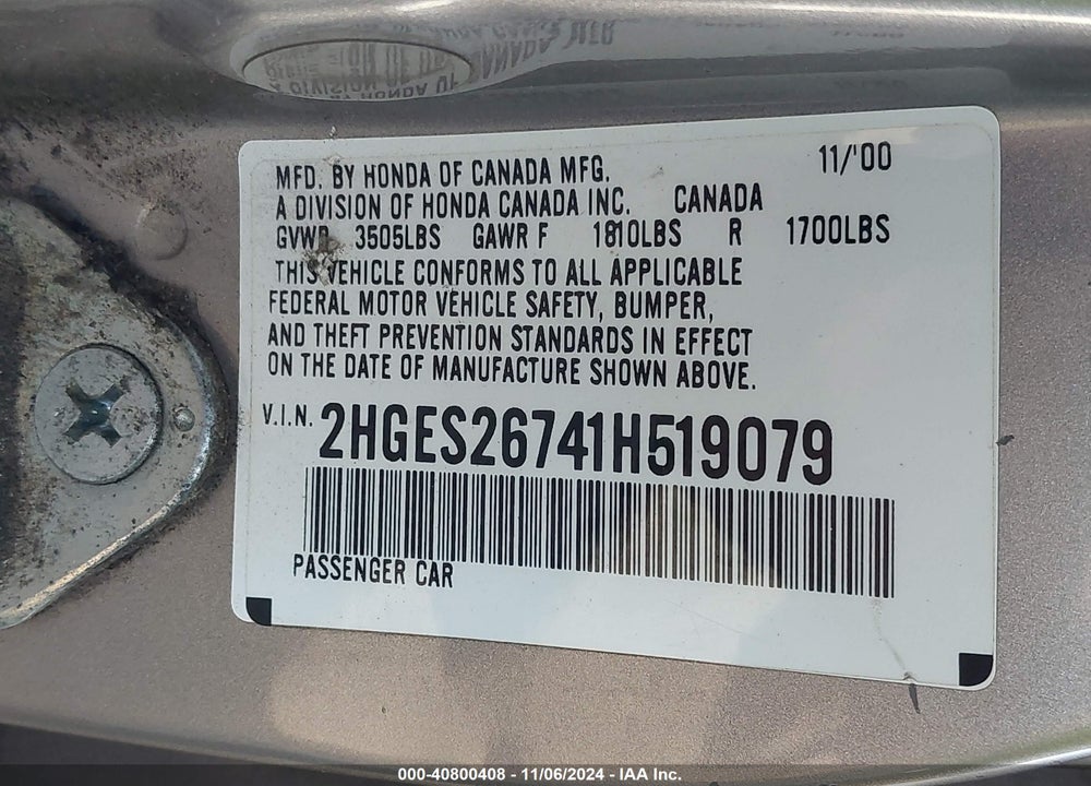 2001 HONDA CIVIC EX VIN: 2HGES26741H519079