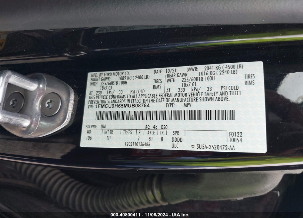 2021 FORD ESCAPE SEL VIN: 1FMCU9H65MUB08784