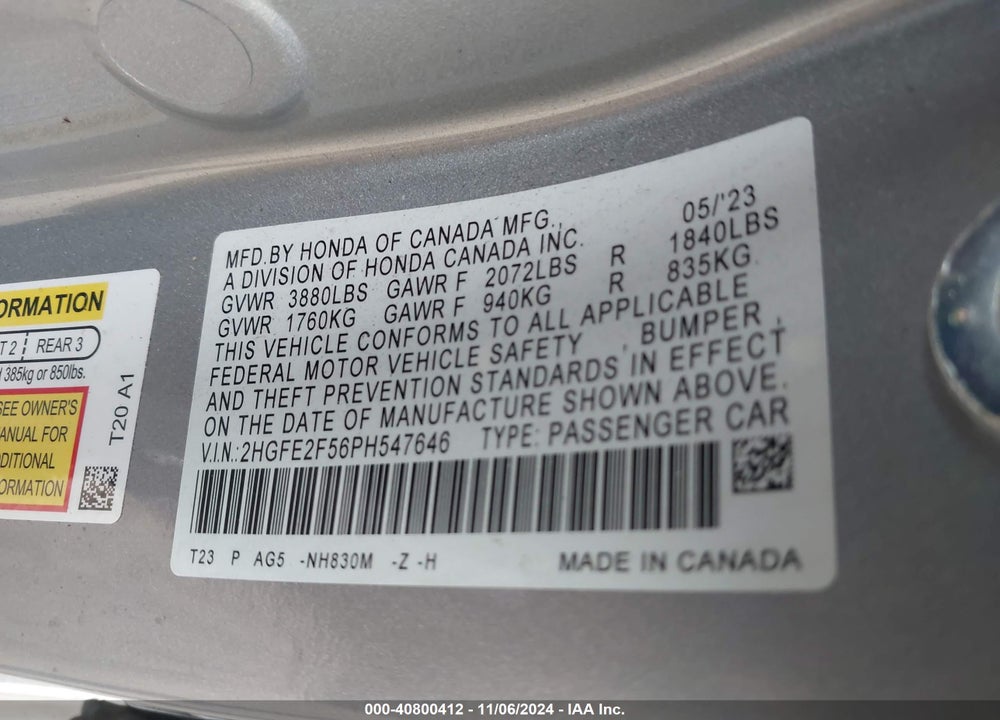 2023 HONDA CIVIC SPORT VIN: 2HGFE2F56PH547646