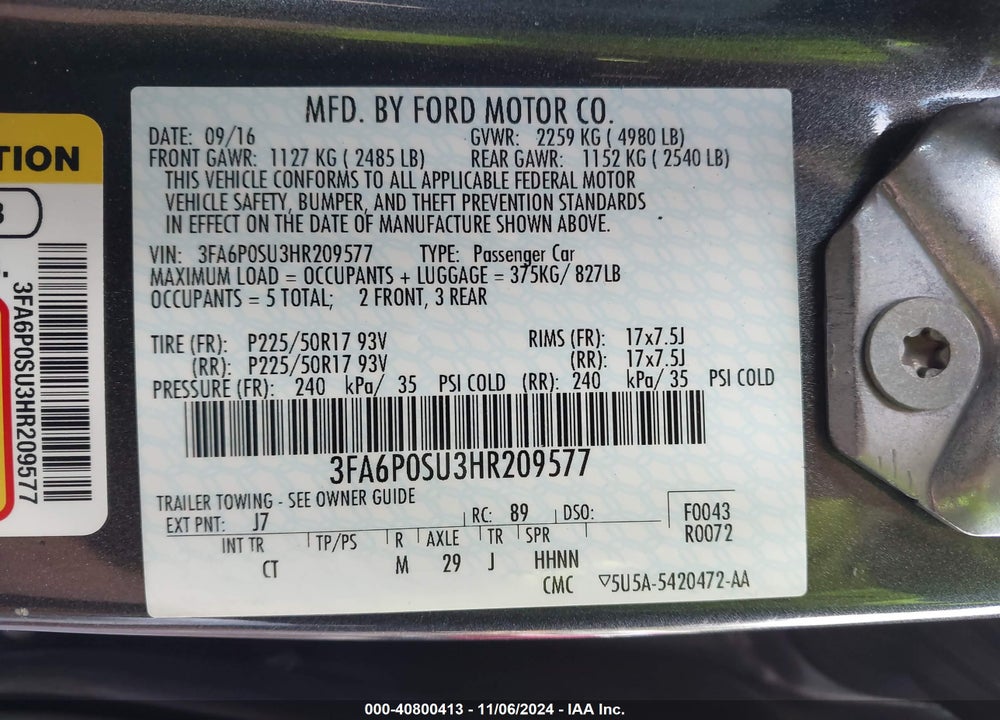 2017 FORD FUSION ENERGI TITANIUM VIN: 3FA6P0SU3HR209577