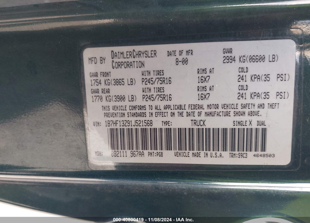 2001 DODGE RAM 1500 VIN: 1B7HF13Z91J521568