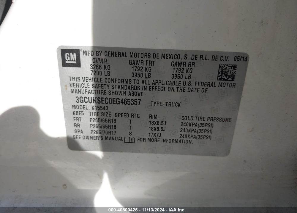 2014 CHEVROLET SILVERADO 1500 2LZ VIN: 3GCUKSEC0EG465357