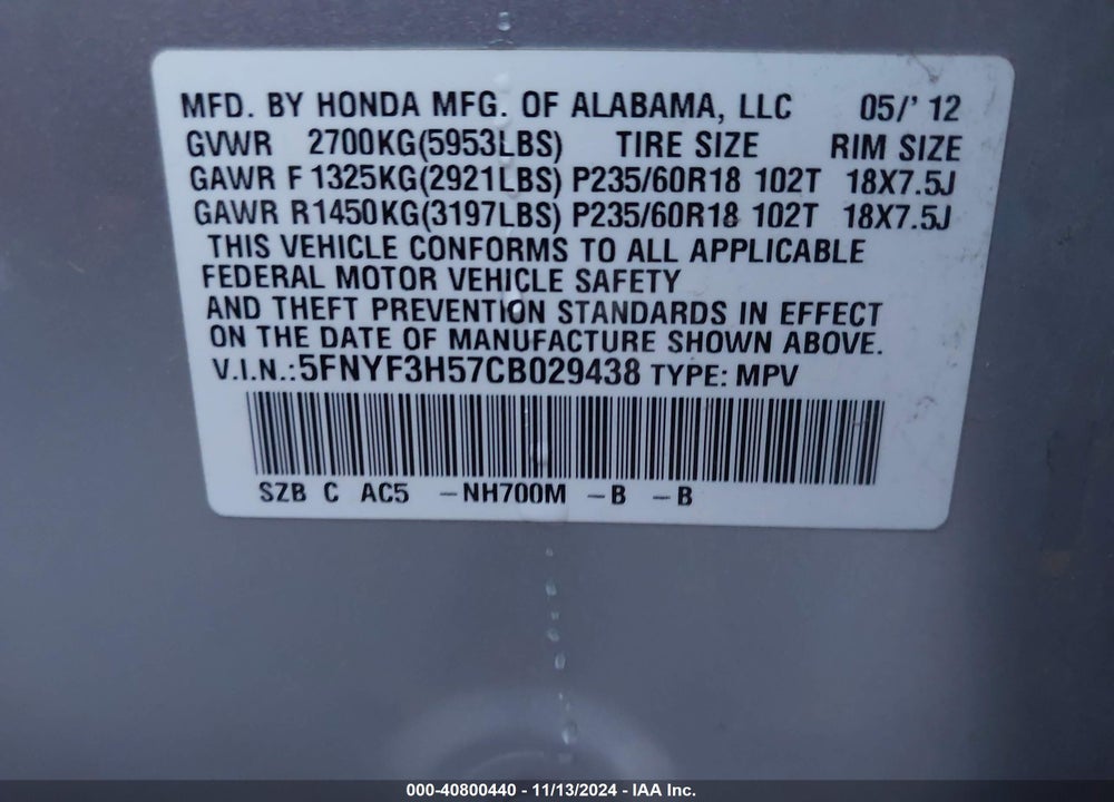2012 HONDA PILOT EX-L VIN: 5FNYF3H57CB029438