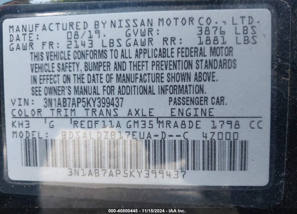 2019 NISSAN SENTRA SV VIN: 3N1AB7AP5KY399437