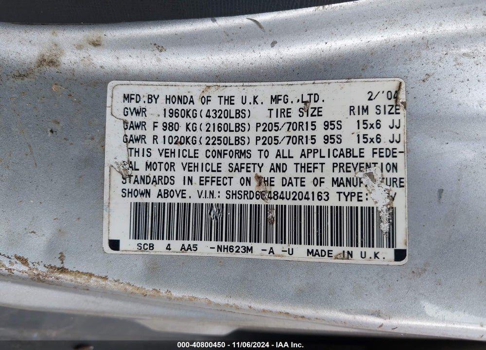 2004 HONDA CR-V LX VIN: SHSRD68484U204163