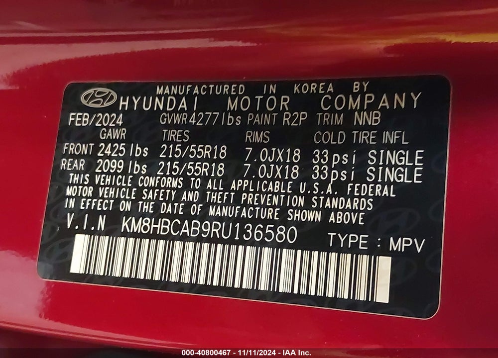 2024 HYUNDAI KONA VIN: KM8HBCAB9RU136580