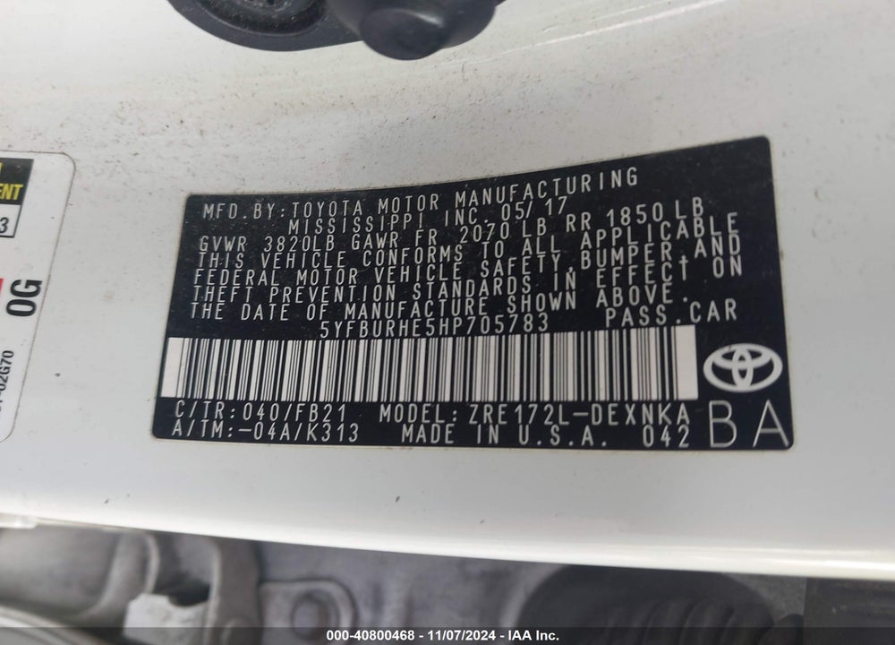 2017 TOYOTA COROLLA LE VIN: 5YFBURHE5HP705783