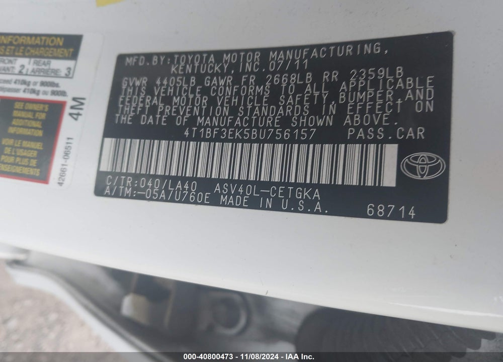 2011 TOYOTA CAMRY XLE VIN: 4T1BF3EK5BU756157