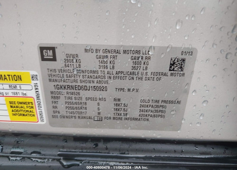 2013 GMC ACADIA SLE-1 VIN: 1GKKRNED6DJ150920