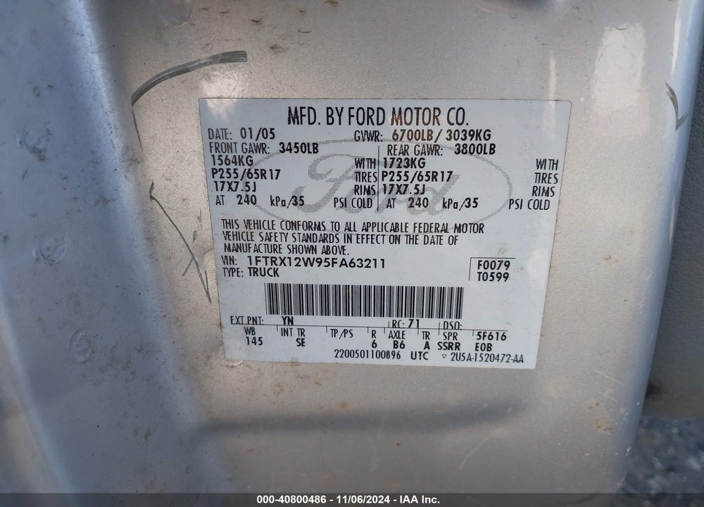 2005 FORD F-150 STX/XL/XLT VIN: 1FTRX12W95FA63211