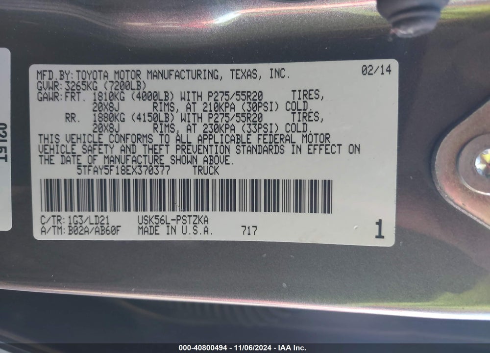 2014 TOYOTA TUNDRA 1794 5.7L V8 VIN: 5TFAY5F18EX370377