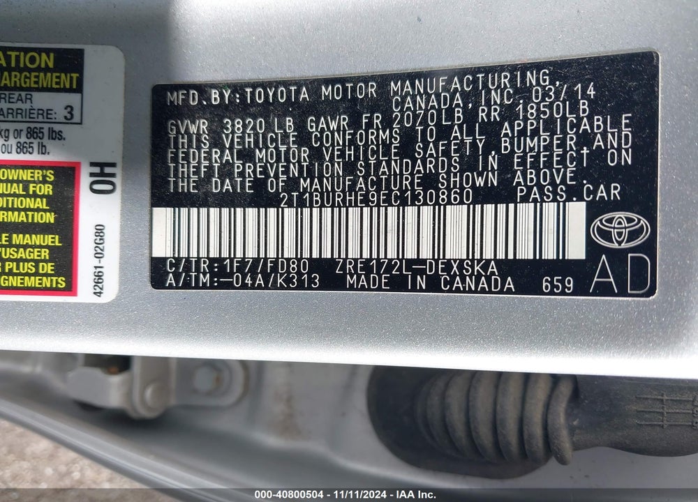 2014 TOYOTA COROLLA S PLUS VIN: 2T1BURHE9EC130860