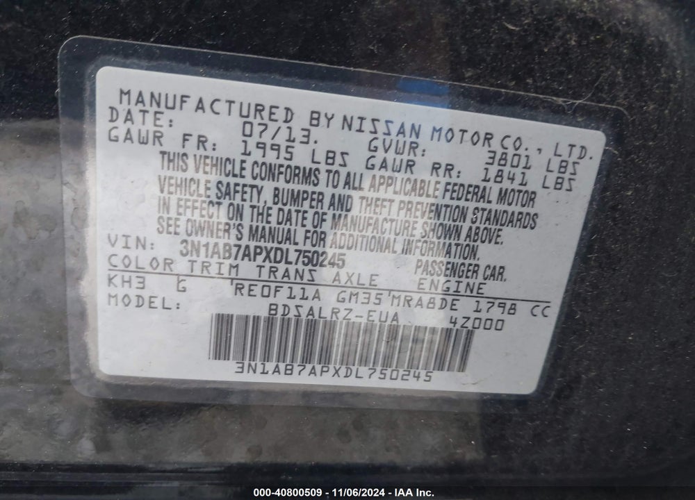 2013 NISSAN SENTRA SR VIN: 3N1AB7APXDL750245