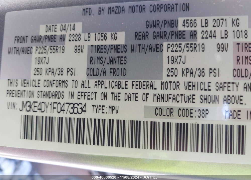 2015 MAZDA CX-5 GRAND TOURING VIN: JM3KE4DY1F0473634