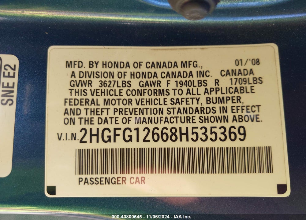 2008 HONDA CIVIC LX VIN: 2HGFG12668H535369