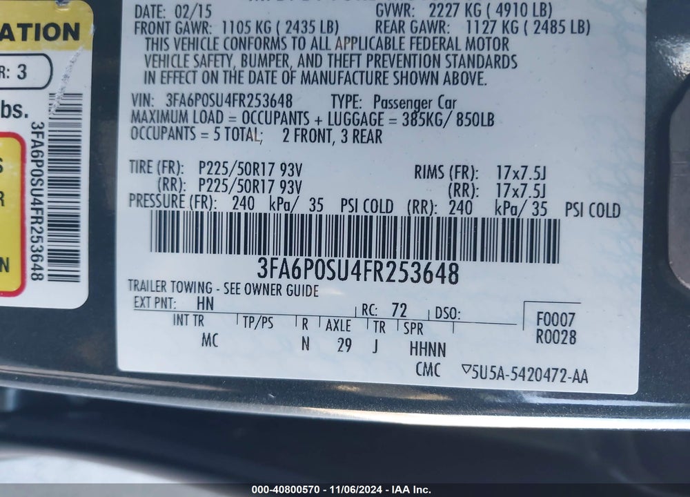 2015 FORD FUSION ENERGI TITANIUM VIN: 3FA6P0SU4FR253648